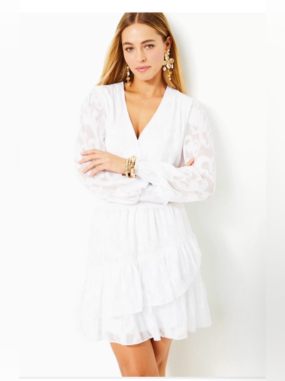 Lilly Pulitzer White Long-Sleeve Smocked Waist Ruffle Mini Dress